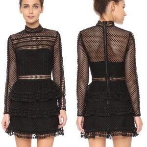 Self Portrait Black Guipure Lace Dot Mock Neck Long Sleeve Tiered Mini Dress